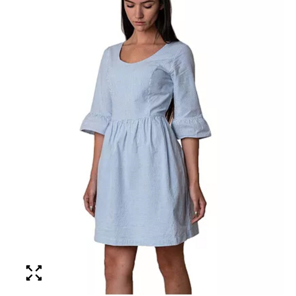 Hope & Henry 100% Organic Cotton Ruffle Cuff Seersucker Dress Light Blue Size10 - Picture 1 of 16